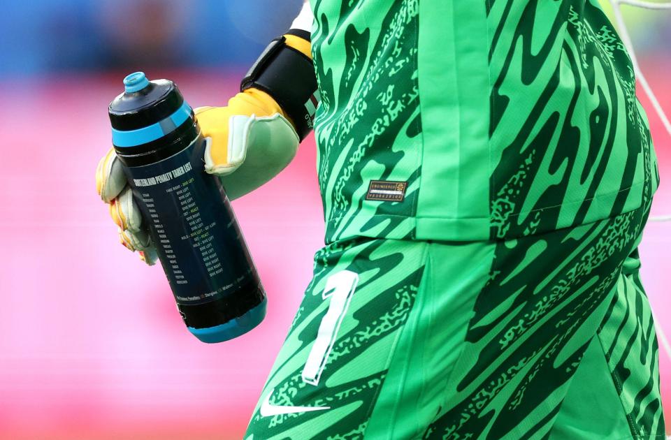 England goalkeeper Jordan Pickford has penalty tips on his water bottle