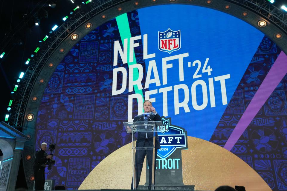 NFL commissioner Roger Goodell speaks during the 2024 NFL draft at Campus Martius Park and Hart Plaza in Detroit on April 25, 2024.