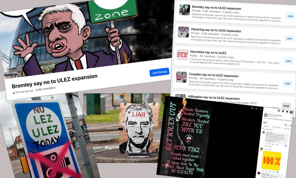 <span>Social media and public signage disparaging Sadiq Khan and the Ulez expansion.</span><span>Composite: Unearthed; Facebook; Instagram; Rex/Shutterstock</span>