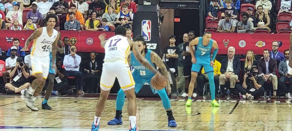 Charlotte Hornets forward LiAngelo Ball guards Los Angeles’ Mason Jones during a Las Vegas Summer League game on Sunday, July 10.