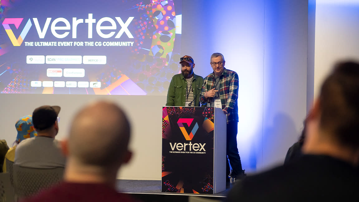  Vertex 2024; two men on a stage. 