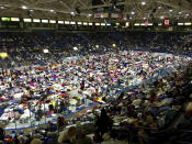 <p>Evacuees fill Germain Arena, which is being used as a fallout shelter, in advance of Hurricane Irma, in Estero, Fla., Saturday, Sept. 9, 2017. (Photo: Jay Reeves/AP) </p>