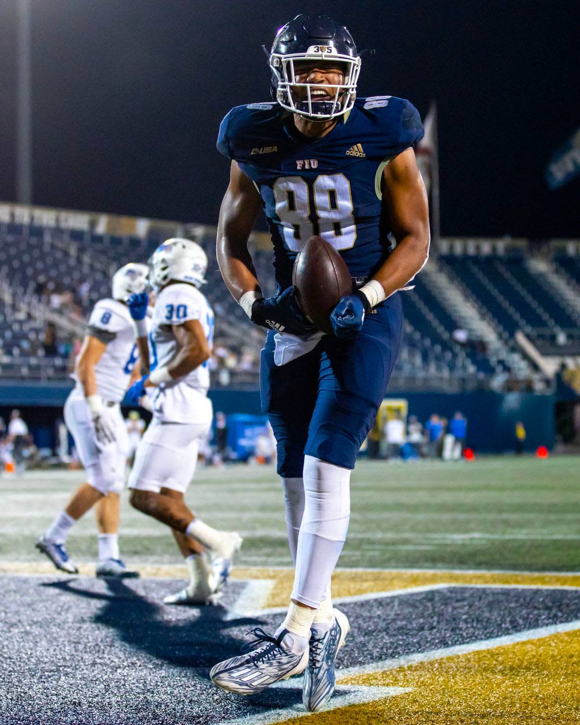 Florida International University tight end Josiah Miamen (88) reacts after scoring a touchdown during the second half of an NCAA Conference USA football game against Middle Tennessee at Riccardo Silva Stadium in Miami, Florida, on Saturday, November 26, 2022.