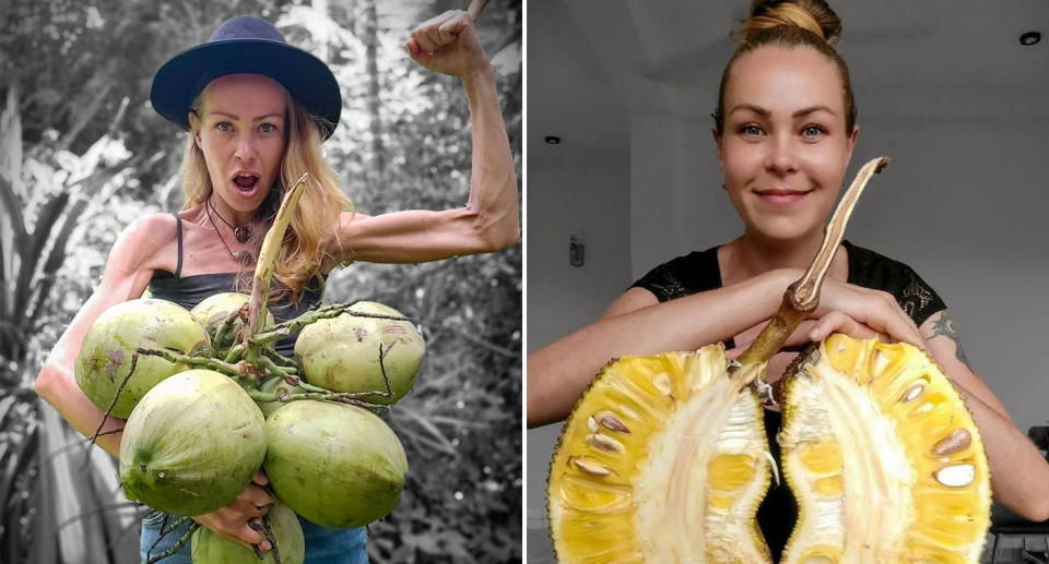 Zhanna flexing her arm while holding a pile of fruit. Right she is smiling at the camera after slicing open a tropical fruit.