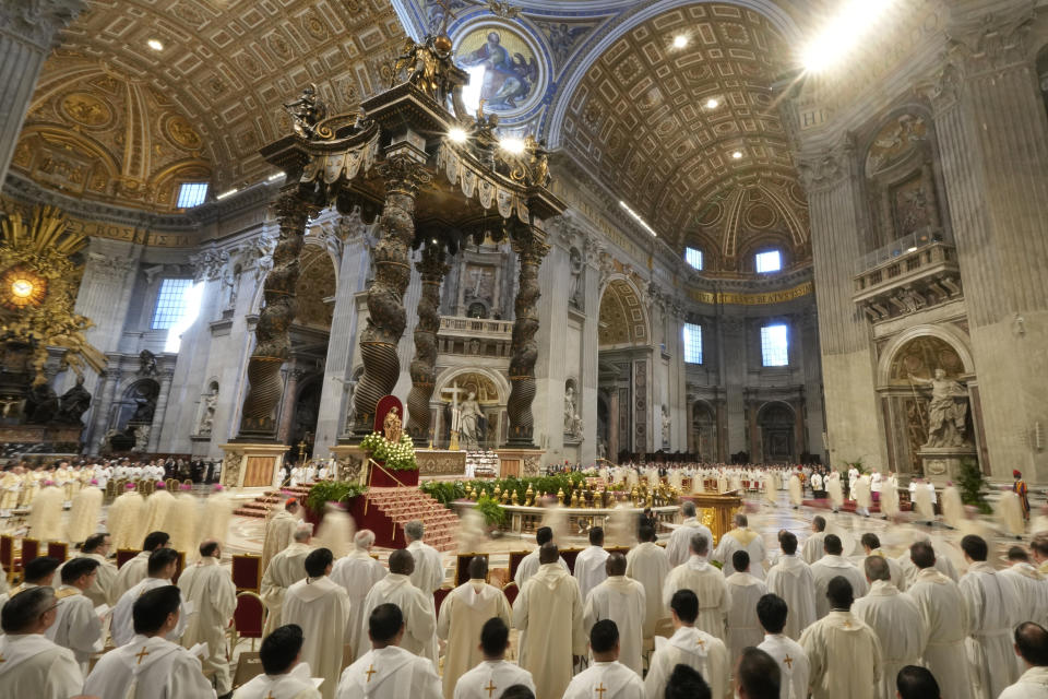 Pope Francis celebrates the Chrism Mass where the chrism, the oil of the catechumens and the oil of the sick are consecrated, and all the priests renew the promises made on the day of their ordination, inside St. Peter's Basilica, at the Vatican, Thursday, April 6, 2023. (AP Photo/Andrew Medichini)