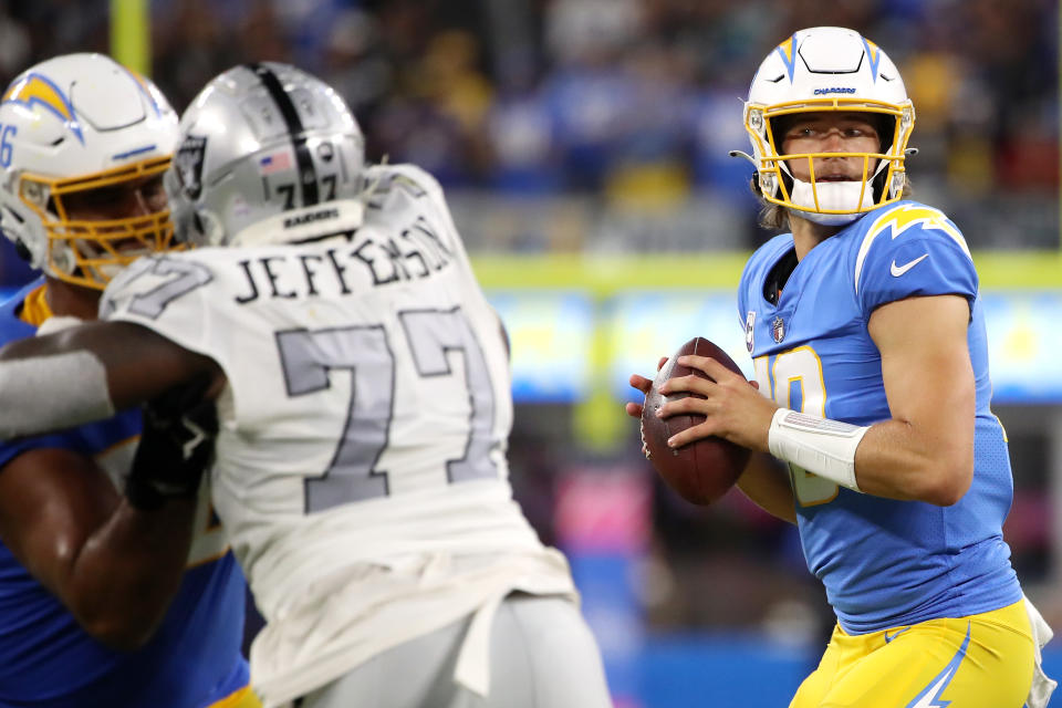 Justin Herbert will try to get his Chargers into the playoffs. (Photo by Katelyn Mulcahy/Getty Images)