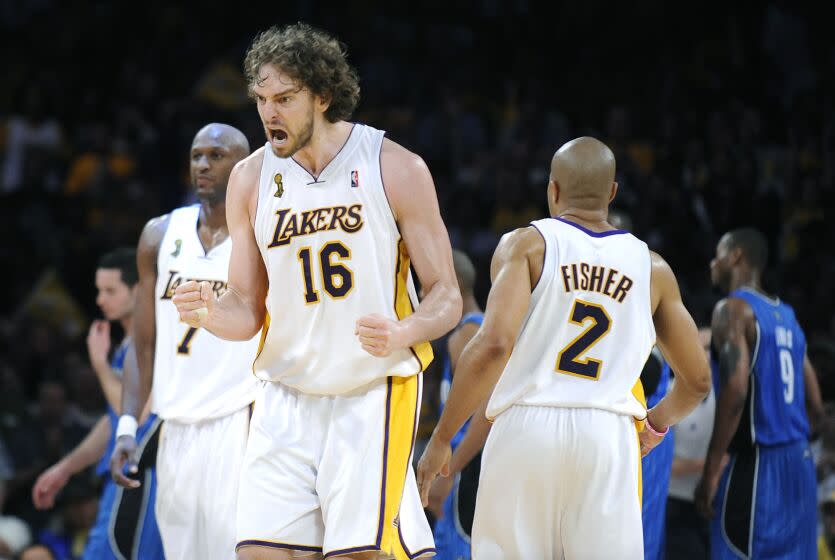 Skalij, Wally –– – LOS ANGELES. CA. JUNE 7, 2009––Lakers Pau Gasol celebrates his three–point play.