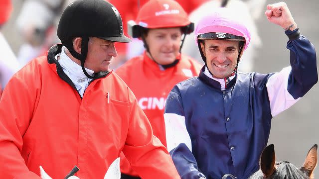 Jockey Corey Brown celebrates his second Melbourne Cup victory. Image: Getty