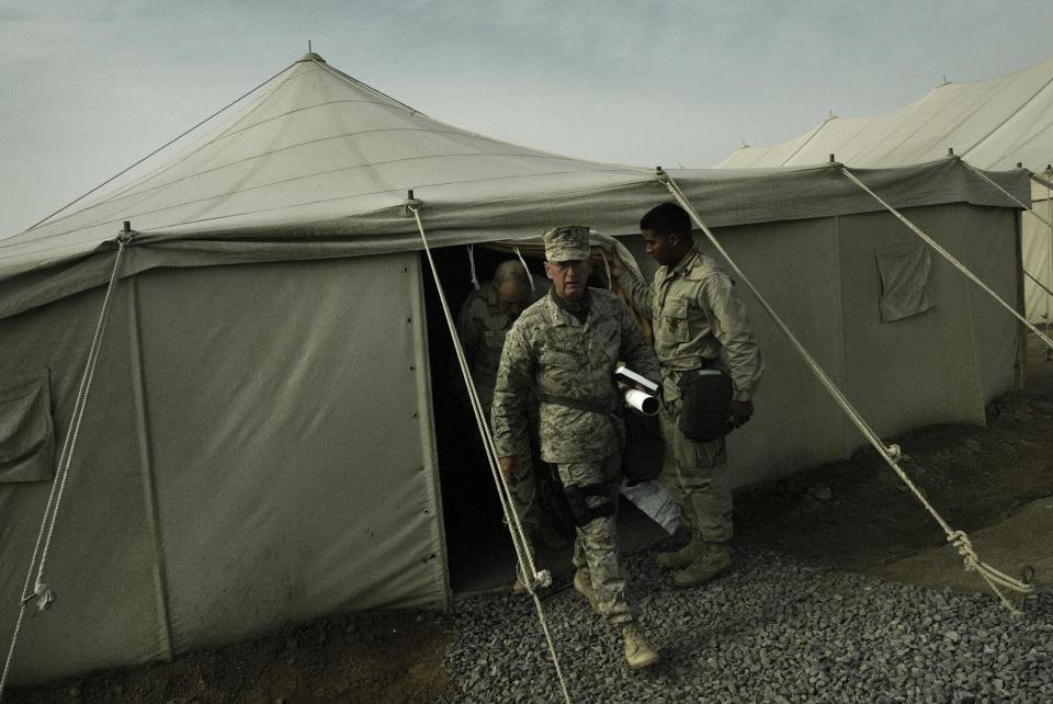 US Marine Corps Maj. Gen. James Mattis, then commander of the First Marine Division (1MARDIV)  at the force's staging area, LSA7, in Kuwait shortly before the invasion of Iraq in 2003.