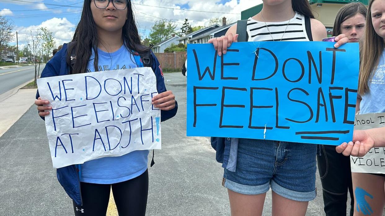 Dozens of students walked out of class Friday citing safety concerns at Astral Drive Junior High School in Cole Harbour, N.S. (Luke Ettinger/CBC - image credit)