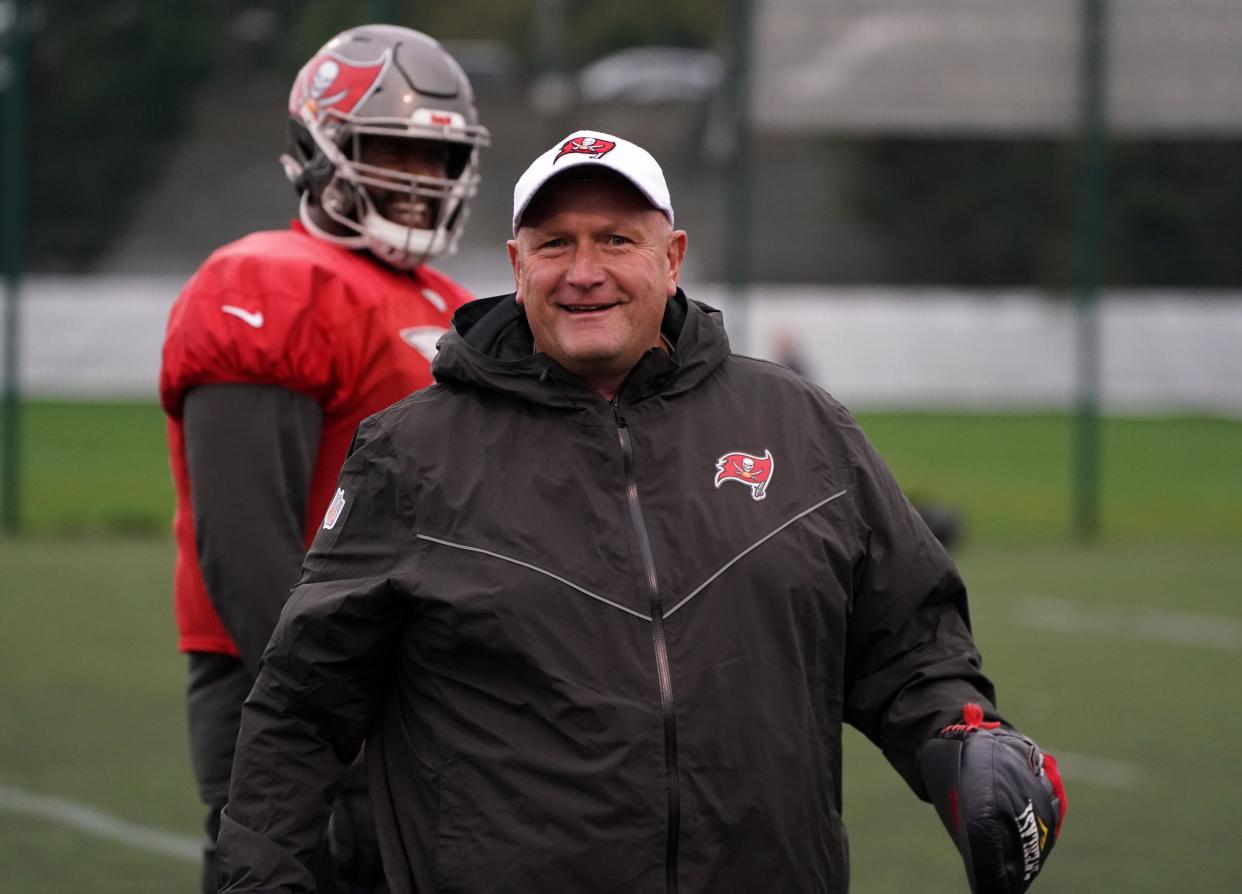 Tampa Bay Buccaneers offensive line coach Joe Gilbert during practice at the Blackheath Rugby Club in London in October of 2019.