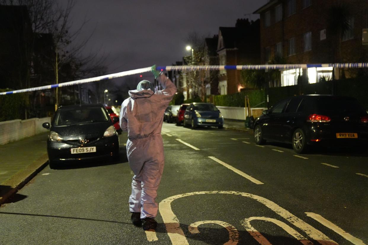 Police at the scene in Lessar Avenue near Clapham Common, south London, where a woman and her two young children have been taken to hospital after a man threw a suspected corrosive substance on Wednesday evening. Three other members of the public were also taken to hospital with injuries thought to have been suffered as they came to the aid of the woman and her children. Picture date: Thursday February 1, 2024.