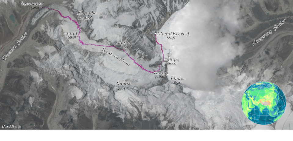 Satellite map of Everest showing the route from base camp through four higher camps to the summit.