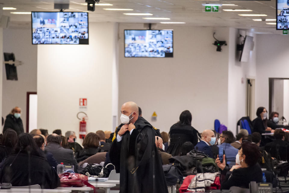 A view of a specially constructed bunker hosting the first hearing of a maxi-trial against more than 300 defendants of the ‘ndrangheta crime syndicate, near the Calabrian town of Lamezia Terme, southern Italy, Wednesday, Jan. 13, 2021. A maxi-trial opened Wednesday in southern Italy against the ‘ndrangheta crime syndicate, arguably the world's richest criminal organization that quietly amassed power in Italy as the Sicilian Mafia lost its influence. (Valeria Ferraro/LaPresse via AP)