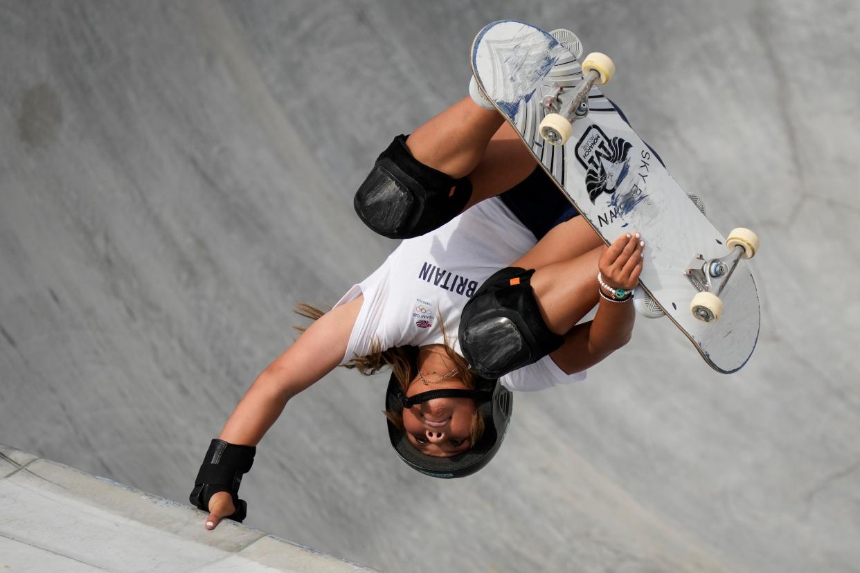 Sky Brown of Britain takes part in a women's park skateboarding practice session at the 2020 Summer Olympics, Monday, Aug. 2, 2021, in Tokyo, Japan.