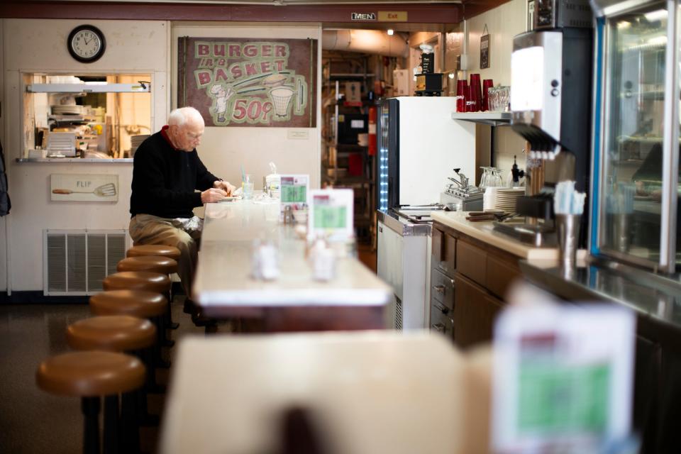 Apr 3, 2024; Defiance, Ohio, USA; John Weaner finishes up his meal at Bud's Restaurant, in Defiance, Ohio. Democratic Rep. Marcy Kaptur, the longest-serving woman in Congress, won reelection in 2022 despite running in Ohio's 9th Congressional District, that is newly re-drawn and leans Republican.