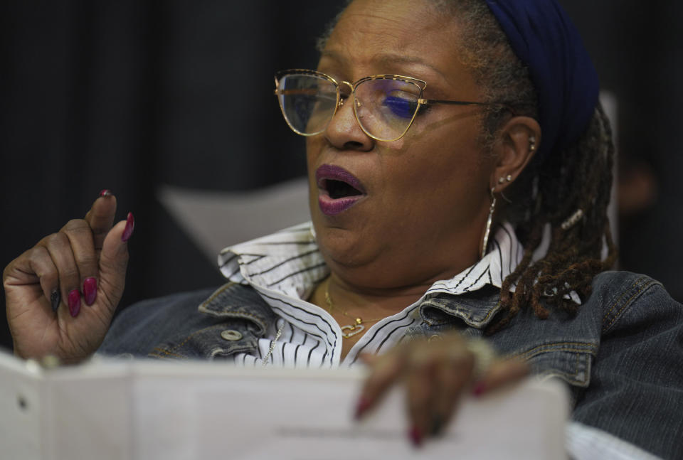 Jocelyn Scott, a member of The Heritage Gospel Chorale of Pittsburgh, sings during rehearsal for an upcoming concert honoring the late gospel composer, musician and publisher, Charles Henry Pace, at Bethany Baptist Church on Monday, March 6, 2023, in Pittsburgh. The free concert will be held at Ebenezer Baptist Church in Pittsburgh on March 25. (AP Photo/Jessie Wardarski)