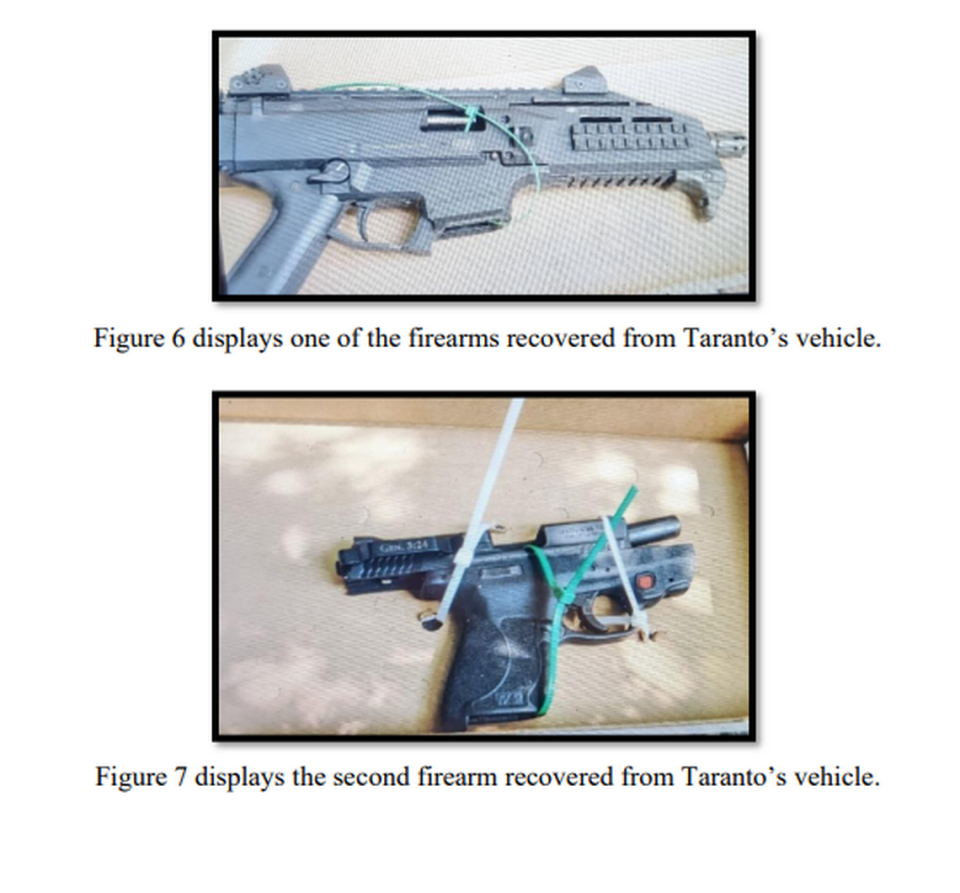 These images from court filings show the firearms federal agents say they found in Taylor Taranto’s van.