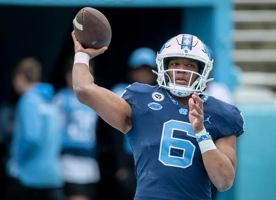 North Carolina quarterback Jacolby Criswell (6) looks for a receiver during the Tar Heels’ spring football game on Saturday, April 9, 2022 at Kenan Stadium in Chapel Hill, N.C.