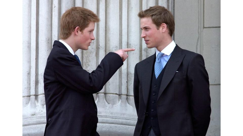 Prince Harry and Prince William in suits; Harry is pointing at William