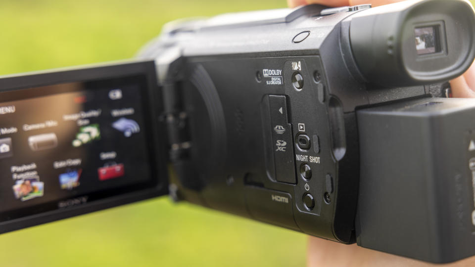 The ports on the Sony FDR-AX53 camcorder