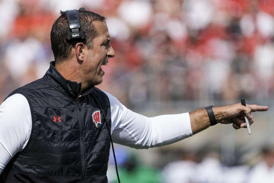 Wisconsin head coach Luke Fickell reacts during the first half of an NCAA college football game against Buffalo Saturday, Sept. 2, 2023, in Madison, Wis. (AP Photo/Morry Gash)