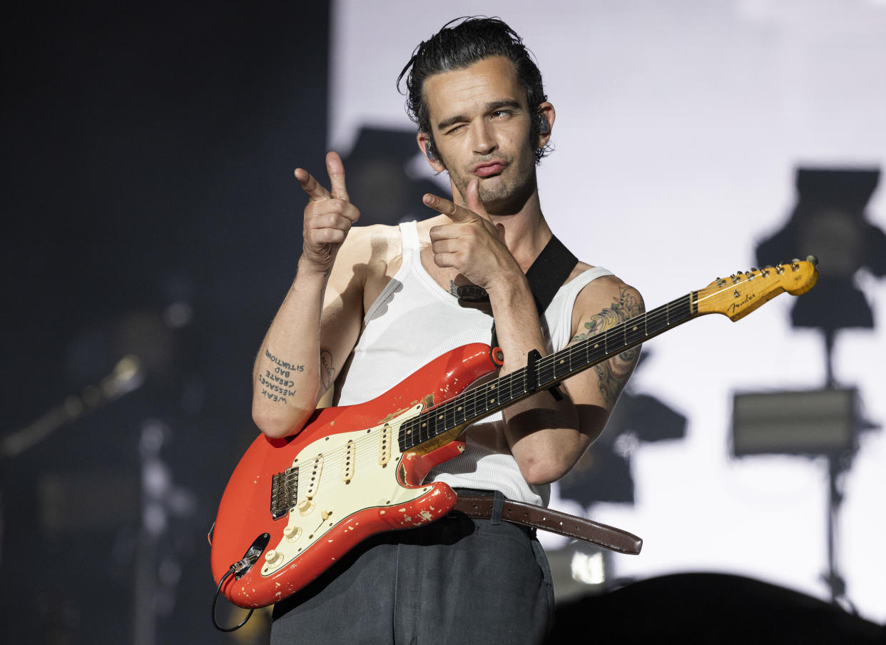 Matty Healy of The 1975 performs during Lollapalooza at Grant Park on August 04, 2023 in Chicago, Illinois. (Photo by Barry Brecheisen/WireImage)