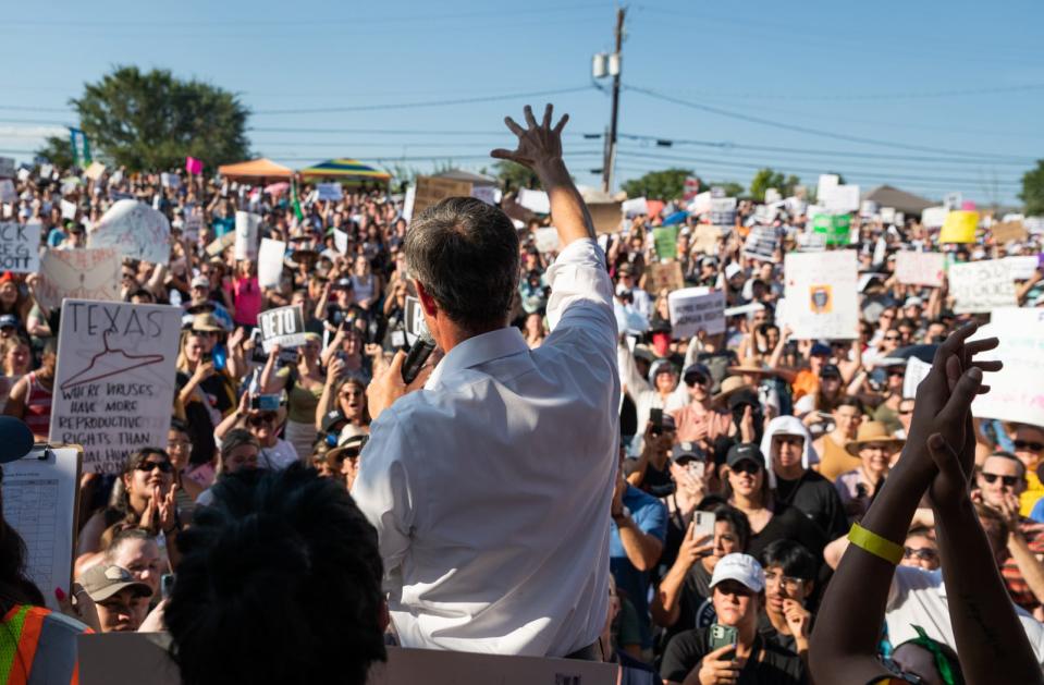 Democratic gubernatorial candidate Beto O'Rourke speaks at a rally in response to the Supreme Court's decision to overturn Roe v. Wade at Pan American Neighborhood Park in East Austin on Sunday.