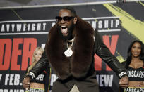 Deontay Wilder arrives at the MGM Grand ahead of his WBC heavyweight championship boxing match against Tyson Fury, of England, Tuesday, Feb. 18, 2020, in Las Vegas. (AP Photo/Isaac Brekken)