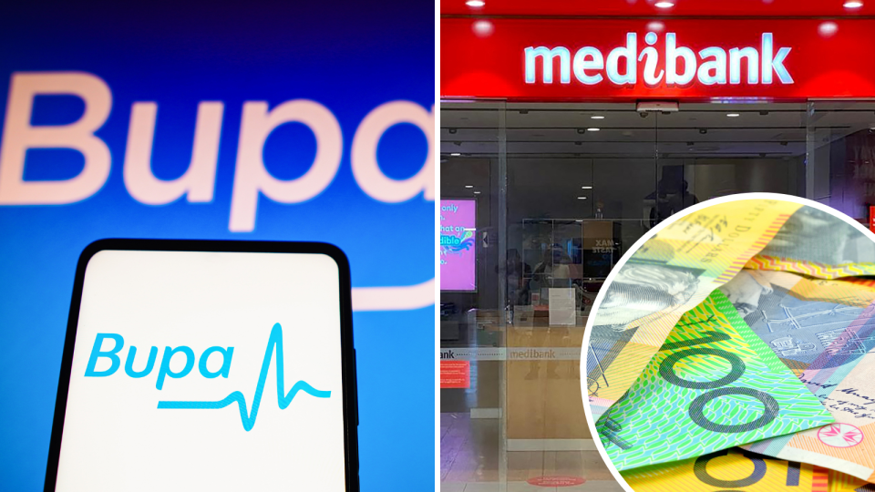 A composite image of the logos of private health insurance companies Bupa and Medibank and Australian currency.
