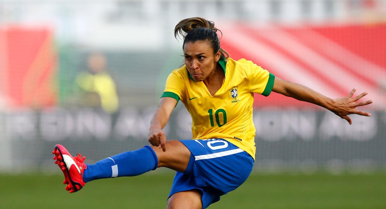 Marta kicks the ball during a 2015 match between Germany and Brazil in Fuerth. Widely considered the greatest women's player of all time, she is an icon and inspiration to many, including Sophia Smith.