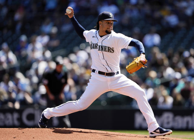 Seattle Mariners starting pitcher Luis Castillo throws against the Texas Rangers during the first inning of a baseball game Wednesday, May 10, 2023, in Seattle. (AP Photo/Lindsey Wasson)