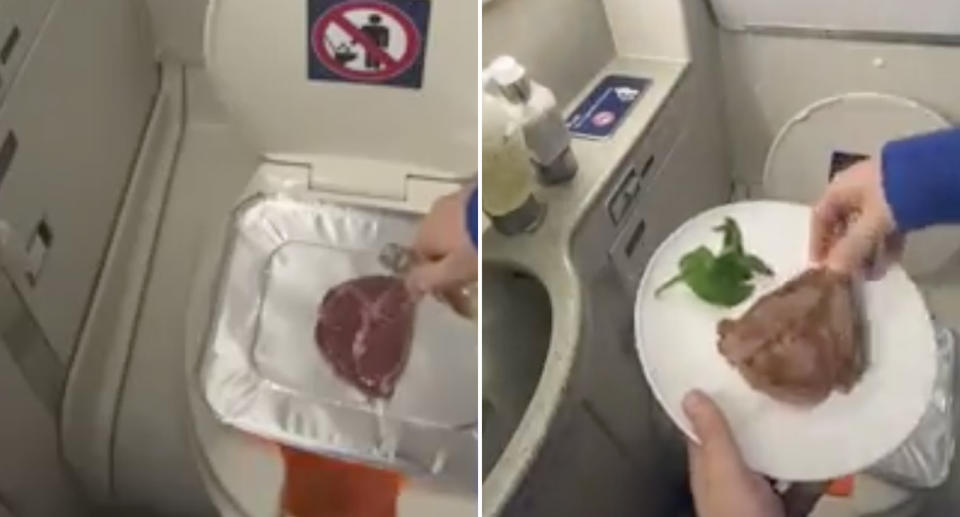 A man appears to cook a steak in the toilet of a passenger plane.