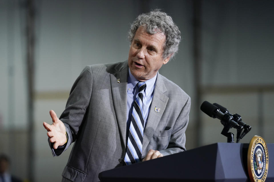 FILE - Sen. Sherrod Brown, D-Ohio, speaks at United Performance Metals in Hamilton, Ohio, May 6, 2022. More than $100 million also has been spent lobbying since 2018 by crypto companies, as well as those who potentially stand to lose if the industry goes mainstream, records show. “What do they want? They want no regulation, or they want to help write the regulation. What else is new?” said Brown, an Ohio Democrat and industry critic. (AP Photo/Andrew Harnik, File)