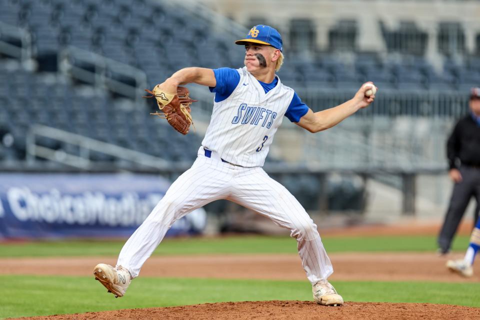 Nazareth’s Sterl Welps (3) pitches the ball in a 1A Regional Semifinals game against Claude, May 18, 2023, at Hodgetown, in Amarillo, Texas.  Nazareth won 8-4.