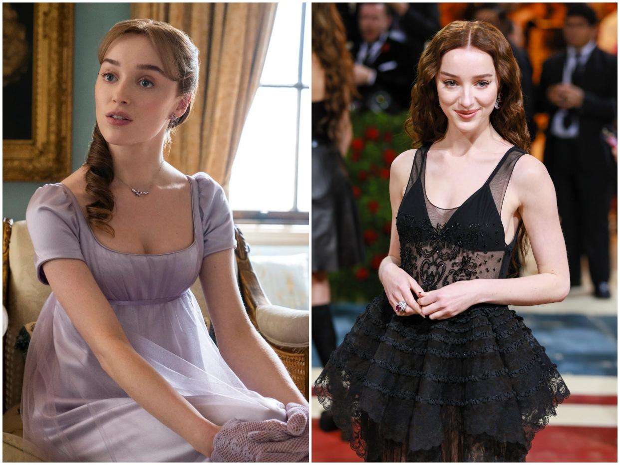 Phoebe Dynevor side by side: As Daphne Bridgerton on "Bridgerton" and in a black dress at the 2022 Met Gala