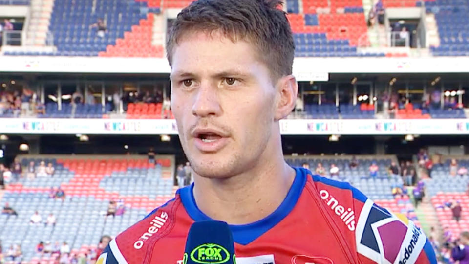 Pictured here, Newcastle captain Kalyn Ponga speaks after the Knights' 48-point hiding by the Melbourne Storm.