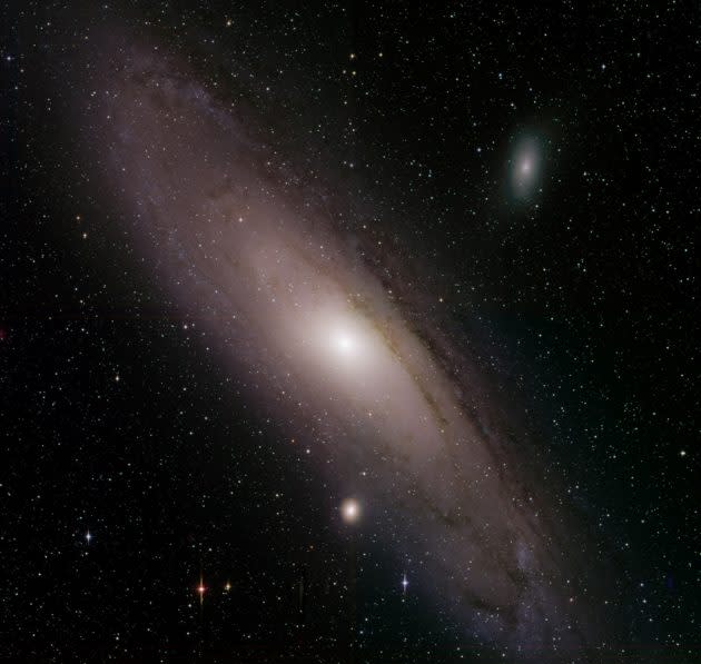This composite image of the Andromeda galaxy was made by combining images from the Zwicky Transient Facility in three bands of visible light. The image covers 2.9 square degrees, which is one-sixteenth of ZTF’s full field of view. (ZTF Photo / D. Goldstein / R. Hurt / Caltech)