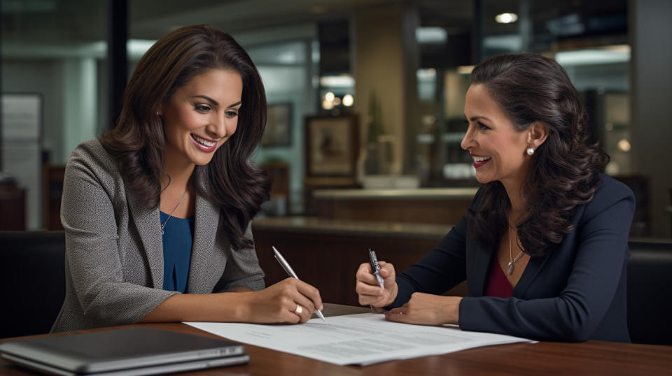 A banking specialist consulting with a customer on the benefits of a certificate of deposit.