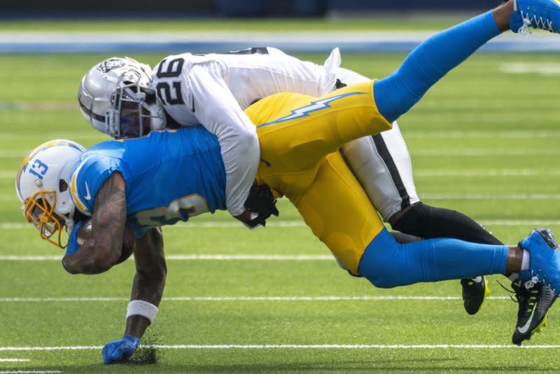 Los Angeles Chargers wide receiver Keenan Allen (L) should be a fantasy football WR1 throughout the 2023 NFL season. File Photo by Mike Goulding/UPI