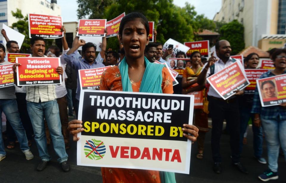 Indian protesters hold placards and shout slogans during a demonstration against the killings of protesters in Tuticorin, in Chennai in 2018 (AFP/Getty)