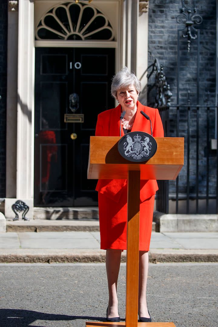 Theresa May chose a punchy ensemble to announce her resignation on May 24, 2019 [Photo: Getty]