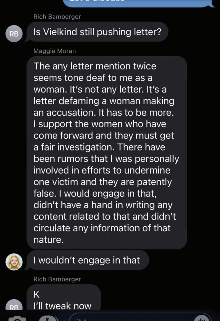 <div class="inline-image__caption"><p>A message between Moran and a Kivvit staffer regarding Cuomo’s response to sexual harassment allegations.</p></div> <div class="inline-image__credit">New York State Attorney General’s Office</div>