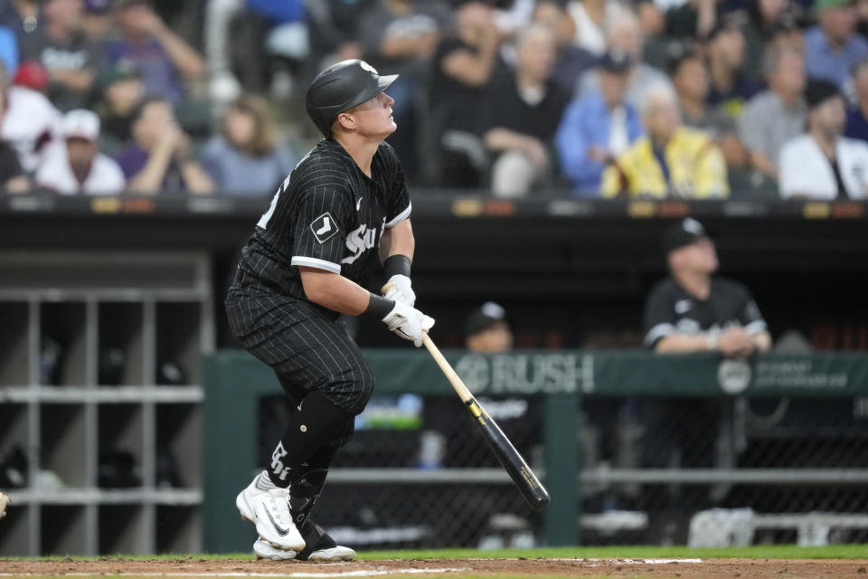Chicago White Sox's Andrew Vaughn watches his two-run home run off New York Yankees starting pitcher Gerrit Cole during the second inning of a baseball game Monday, Aug. 7, 2023, in Chicago. (AP Photo/Charles Rex Arbogast)