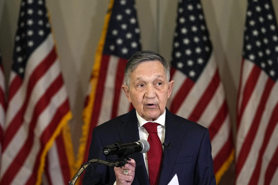 Former Ohio congressman and two-time Democratic presidential candidate Dennis Kucinich announces his Independent candidacy for Congress in Ohio's 7th Congressional District, Wednesday, Jan. 24, 2024, in Independence, Ohio. (AP Photo/Sue Ogrocki)