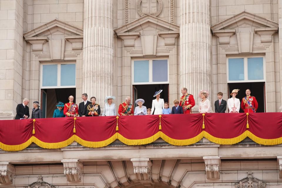 The balcony flypast at the start of the Jubilee weekend (Jonathan Brady/PA) (PA Wire)