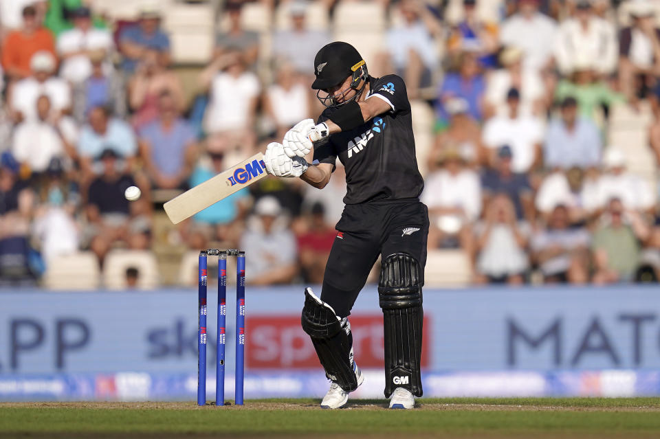 New Zealand's Will Young batting during the second one day international cricket match between England and New Zealand, at The Ageas Bowl, Southampton, England, Sunday Sept. 10, 2023. (John Walton/PA via AP)