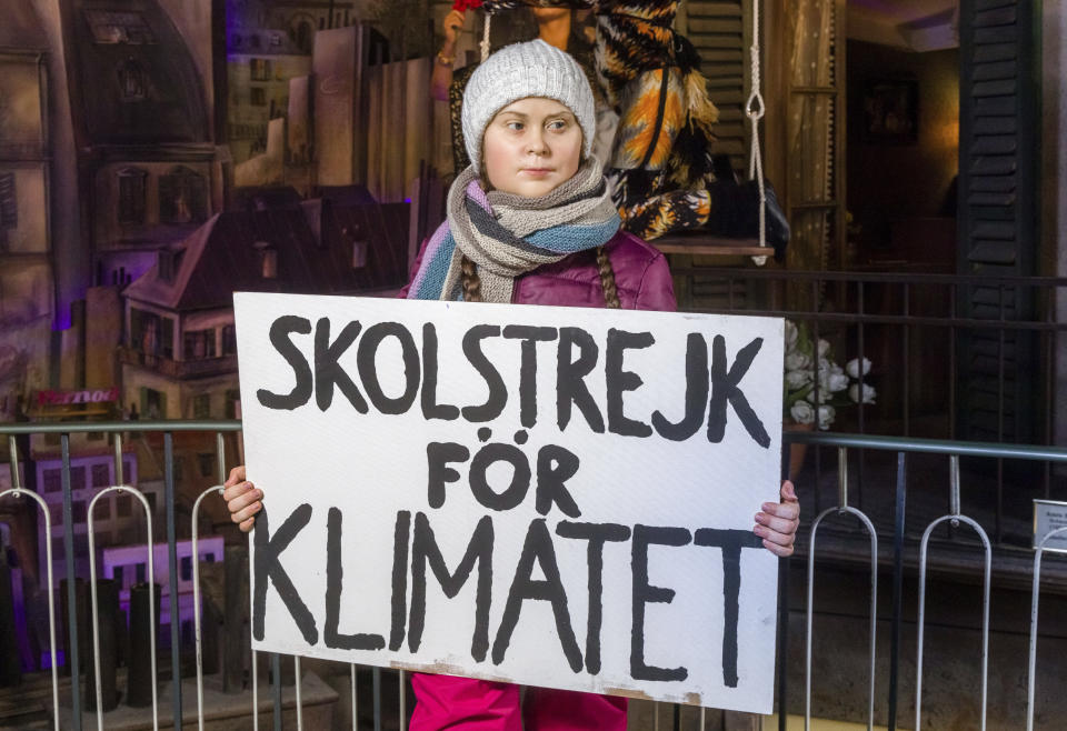 A wax figure, which is supposed to represent the Swedish climate activist Greta Thunberg, is displayed in the Panoptikum waxworks at the Reeperbahn in Hamburg, Germany, Jan. 29, 2020. According to the Panoptikum, it is the world's first Greta Thunberg wax figure. (Markus Scholz/dpa via AP) (Photo: ASSOCIATED PRESS)