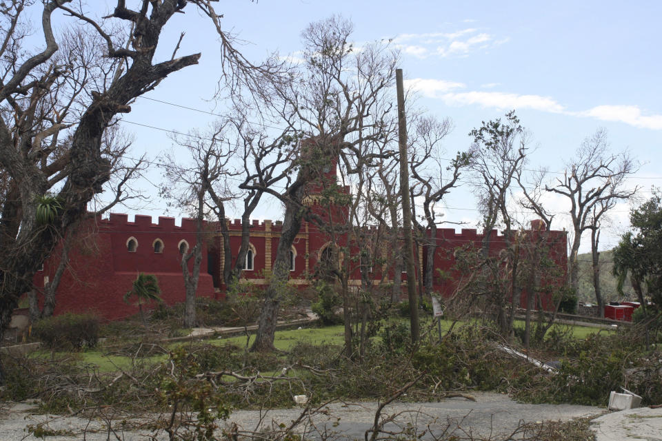 FILE - Trees stripped of their leaves and branches by the high winds of Hurricane Irma surround the historic Fort Christian on St. Thomas, USVI, Sept. 8 2017. The U.S. Virgin Islands will soon build its first artificial reef to protect its coasts and help the U.S. territory become more resilient ahead of future storms, officials announced Thursday, Jan. 11, 2024. (AP Photo/Ian Brown, File)