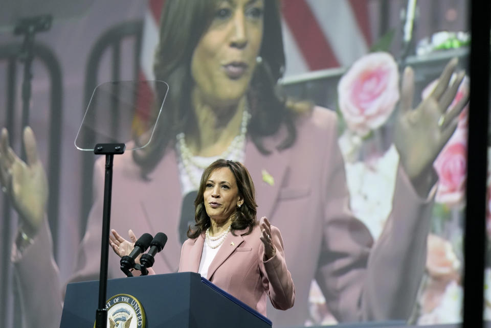 Vice President Kamala Harris speaks at the Alpha Kappa Alpha Sorority Inc. annual convention during the 71st biennial Boule at the Kay Bailey Hutchison Convention Center in Dallas, Wednesday, July 10, 2024. (AP Photo/LM Otero)